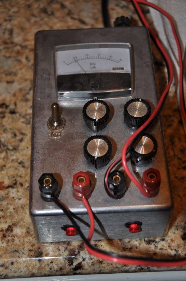 Home build dual constant current source. Adjustable from 0 - 6 mA, 28 volt max terminal voltage per power supply