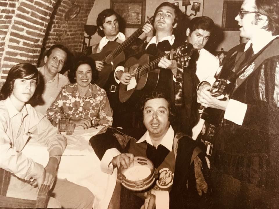 Continuing the stroll thru the time warp, that’s me at age 16 (note the French cuffs — ALWAYS liked to dress), with my parents at El Botin Restaurant in Madrid, photographed with their wandering minstrels...