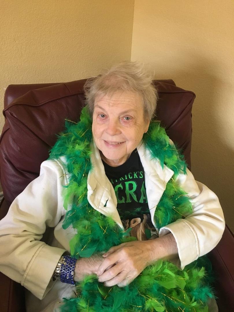 Great St Pats day pic of Barb w her green and shine gold feathered boah