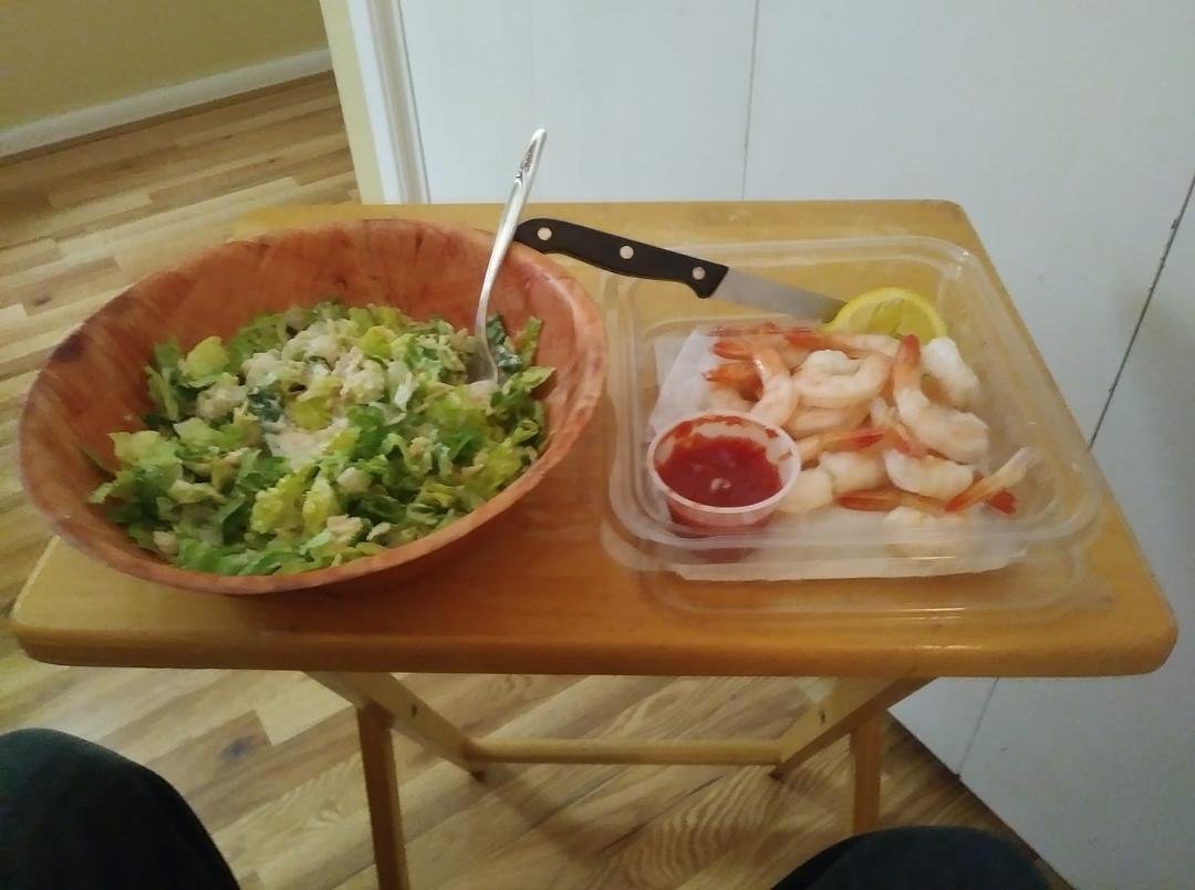 Kroger supermarket has come a long way! Shrimp cocktail and a caesar salad for under seven Bucks cheaper than Burger King