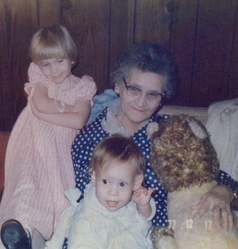 Sherri Adams with her Great-Grandmother, Maude Cheatham.  Picture taken Spring 1975 or 1976.  The little girl on Grandmothers lap is my cousin Sally.