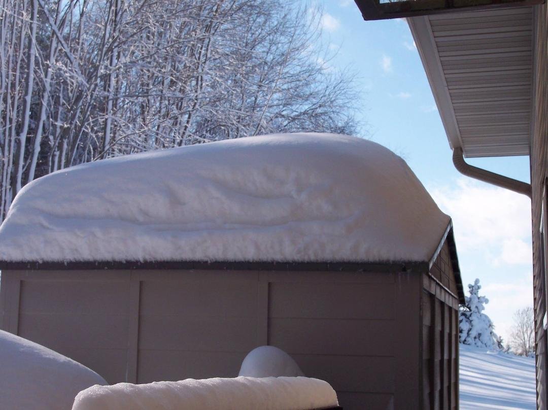 Snow on top of shed behind the garage--glad I reinforced the sides/roof with landscape timbers