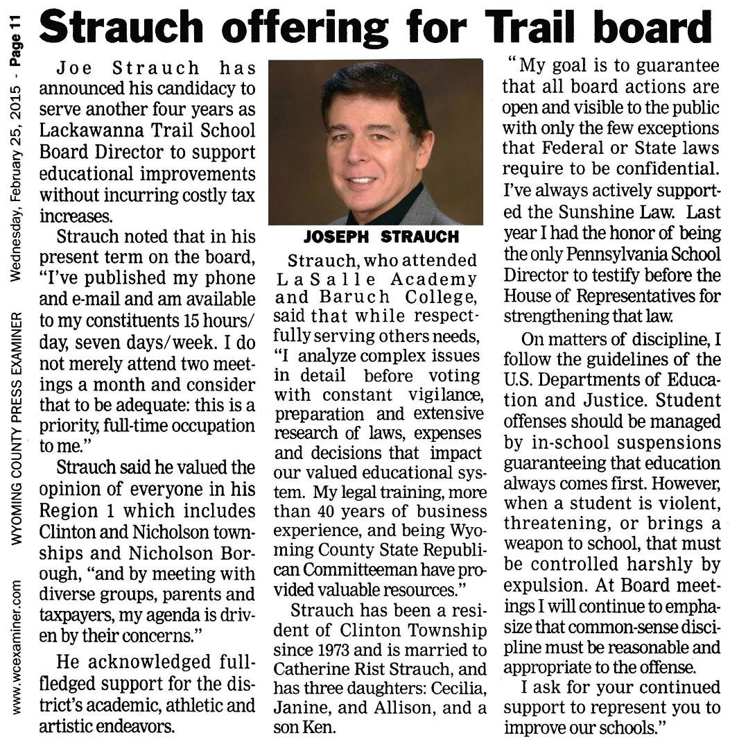 Article in the Wyoming County Press Examiner 2/25/2015