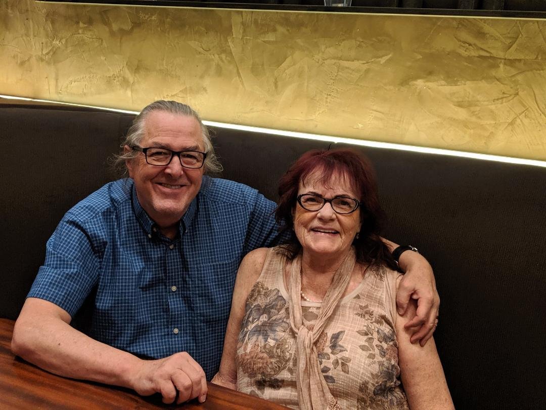 Steve Mackey & Lorri Case celebrating 36 years of marriage and friendship. Steve retired almost a year ago and he hasn't had a haircut since. No more jury reactions to worry about wearing a ponytail. We are still figuri