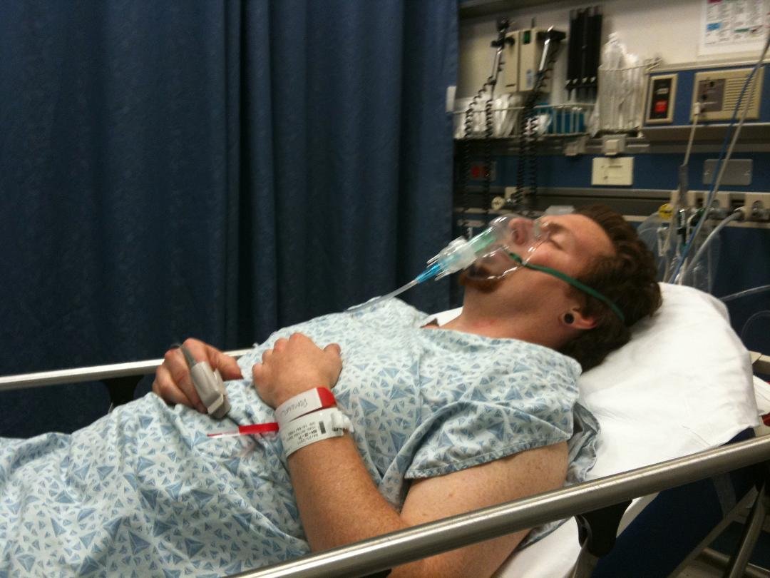Matt young is getting a breathing treatment after almost passing out from not being able to breathe.