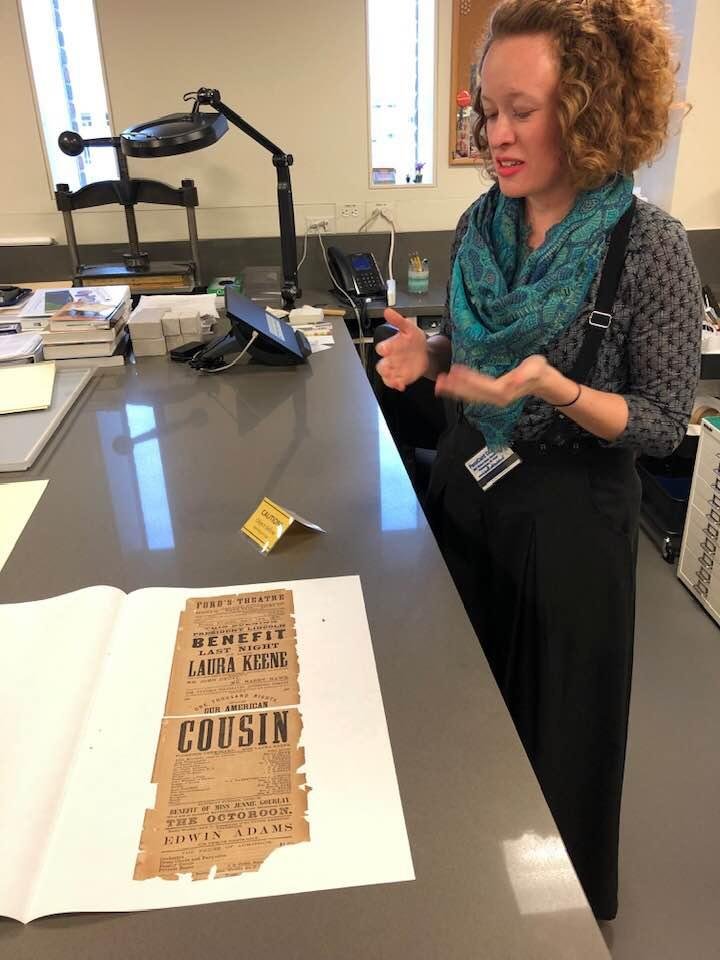 I attended a tour of the Steven Miller Conservation Lab at the University of Pennsylvania on 11/14/2019. Pictured here is one of the conservators with a playbill for “Our American Cousin” performed at Ford’s Theatre on 4/1