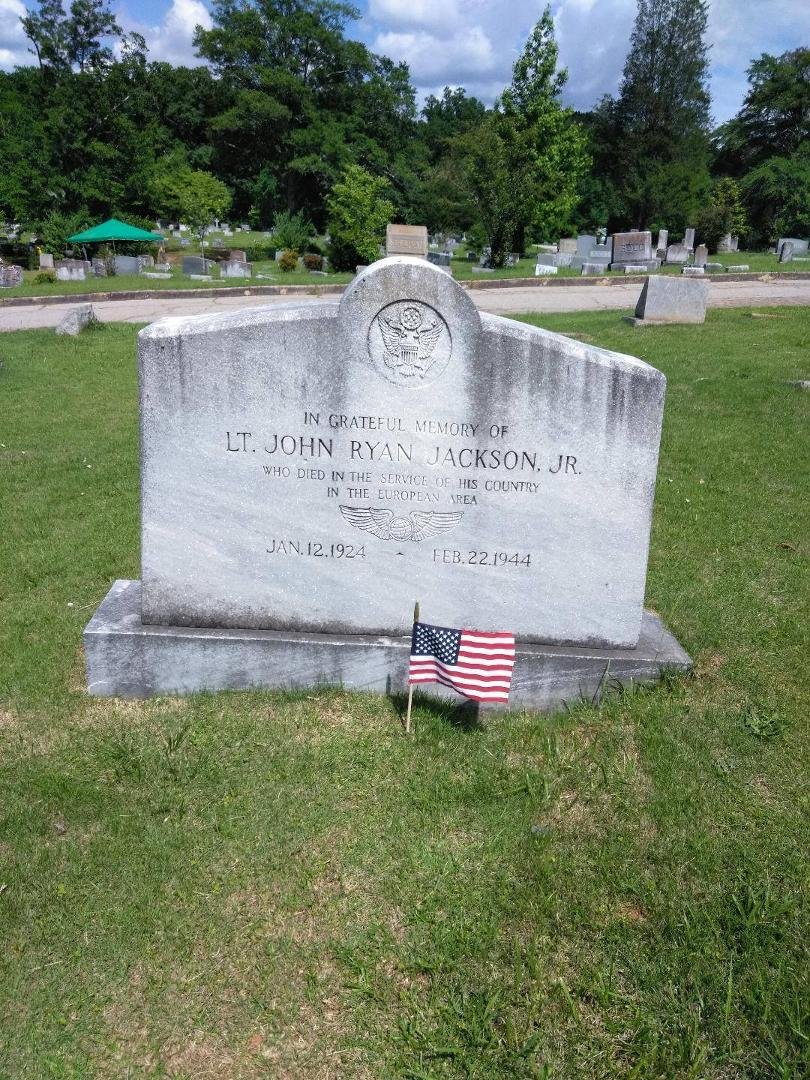 PILOT LT JACKSON KIA  1944 W.W.II. LARGEST VETERANS MONUMENT IN MUNICIPAL CEMETERY. NO RECORD. WE WILL HAVE TO GET A PIECE OF EQUIPMENT TO UPRIGHT. WE HAVE NOT CLEANED YET. TO MANY OTHER BURIED MARKERS TO UNCOVER. BUT WE PL