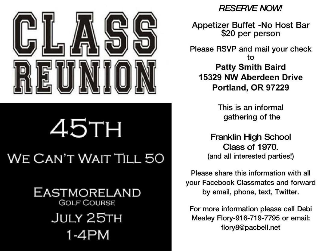 FHS Franklin High School - Class of 1970 - Portland Oregon Make your reservation today!!