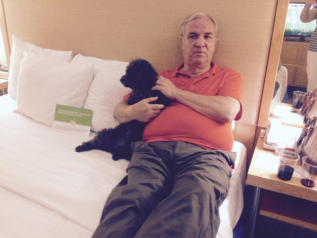 Dave and Bear at Bear's first hotel stay. Good boy.