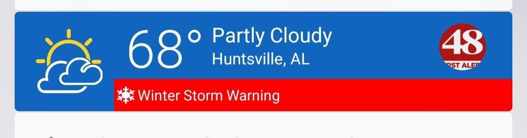 You know we're in for a weird time when you get this push notification on your phone.The afternoon temp is near 70F and there's a winter storm warning for the same night. Not sure how it will play out exactly, but it's drop