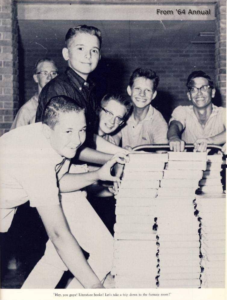 This image was taken from the '64 annual, probably taken in September '63. These guys were helping to distribute textbooks from the IHS 'C' Hall storeroom.