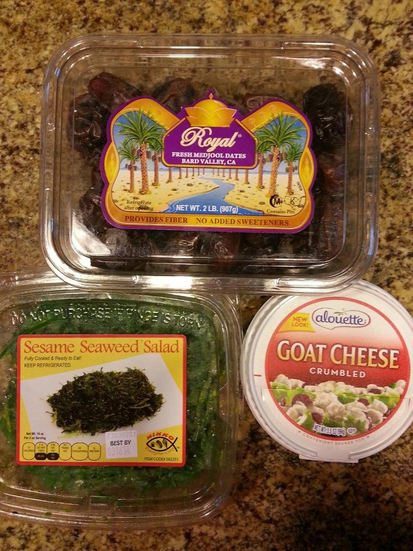 Another fun thing about visiting daughter's home...all the weird foods available for consumption. She lost 50 lbs eating this stuff so can't be all bad. Love dates & goat cheese... can take or leave the seaweed salad.