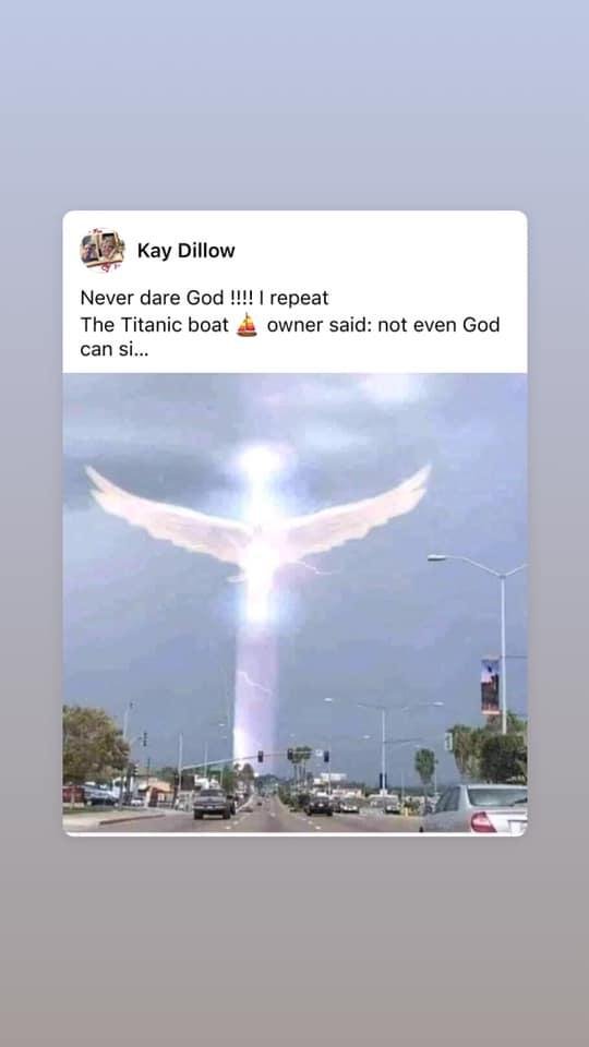 Never dare God !!!! I repeat
The Titanic boat ⛵️ owner said: not even God can sink
this boat ′′ and you know what happened.
Marilyn Monroe said: I don't need JESUS, 3 days later she was found dead.
A mother said to her