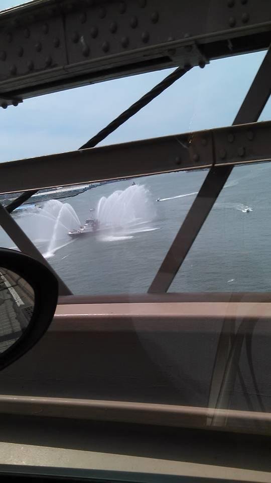 Fire boat under the bklyn. Bridge