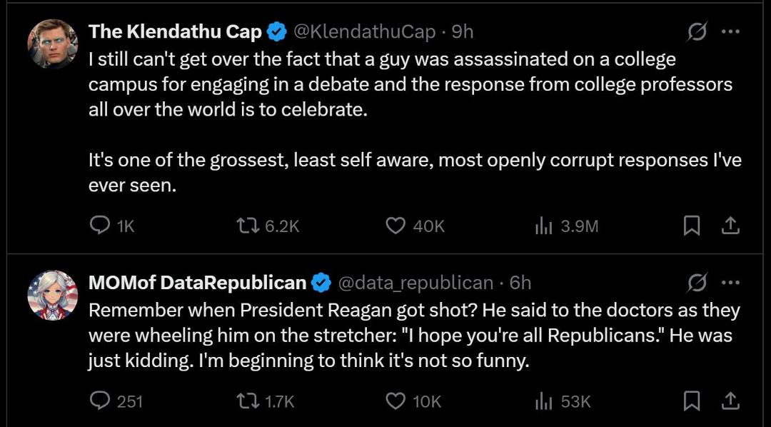 That a not insignificant number of educators and health care professionals have downplayed and even cheered Charlie Kirk's assassination was an eye opener to me. It should be an eye opener to my liberal friends and relative