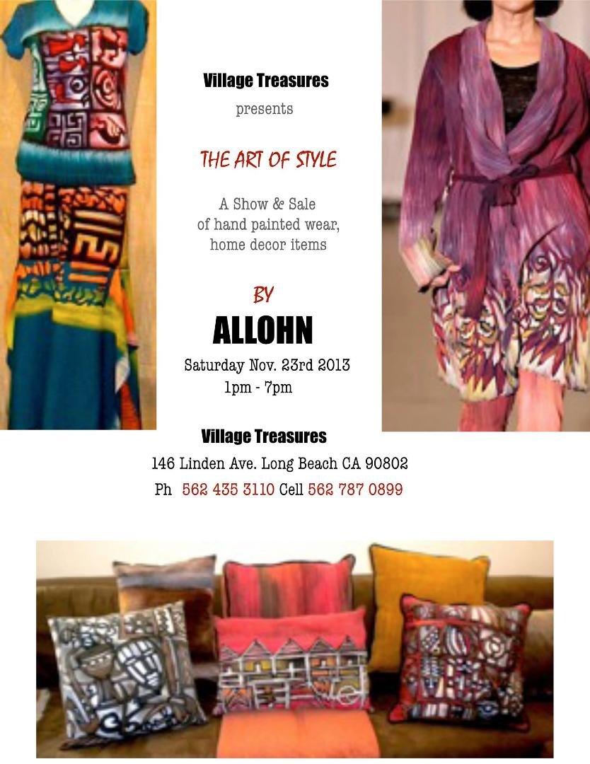 Reminder: TODAY 1-7pm
Join Village Treasures for A Special Trunk Show With Allohn Agbenya
November 23, 2013
(Previously scheduled for November 16, 2013)
Allohn is an international fine artist and renowned fashion