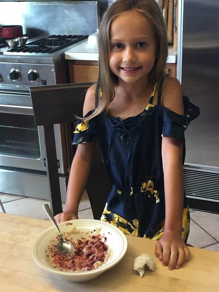 New “invention” by Reese Morgenroth, Oatmeal with crumbled red velvet cake!