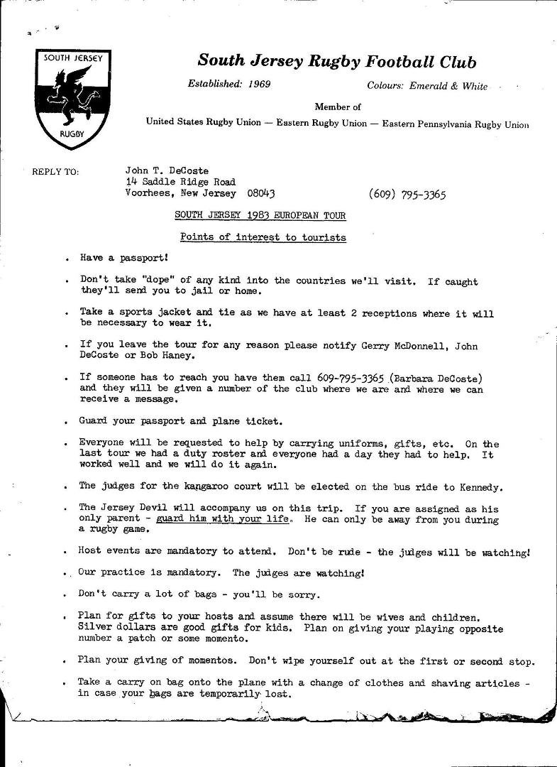 1983 South Jersey Rugby Tour to Europe. (Part 3) This was the things that all the tour members were advised to watch out for.You will notice references to "the judges will be watching". That refers to the kangaroo court jud