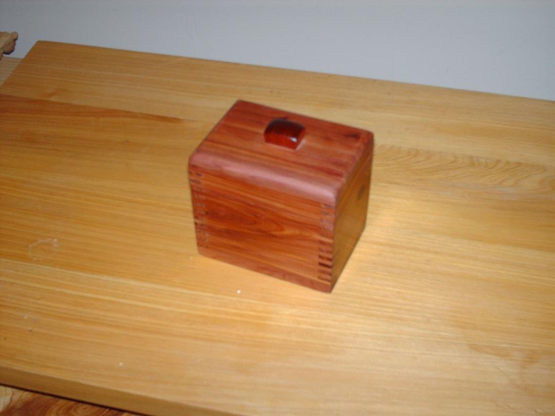 This is a small box I made from a cedar log. It's put together with "finger" joints