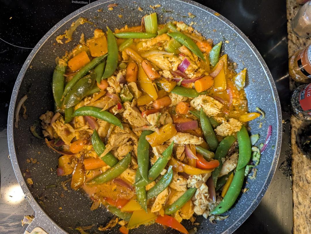 Homemade chicken and vegetable stir fry with yellow coconut curry. When you're on an elimination diet, there's not much left but chicken and vegetables. I'm still allowed to have flavor!