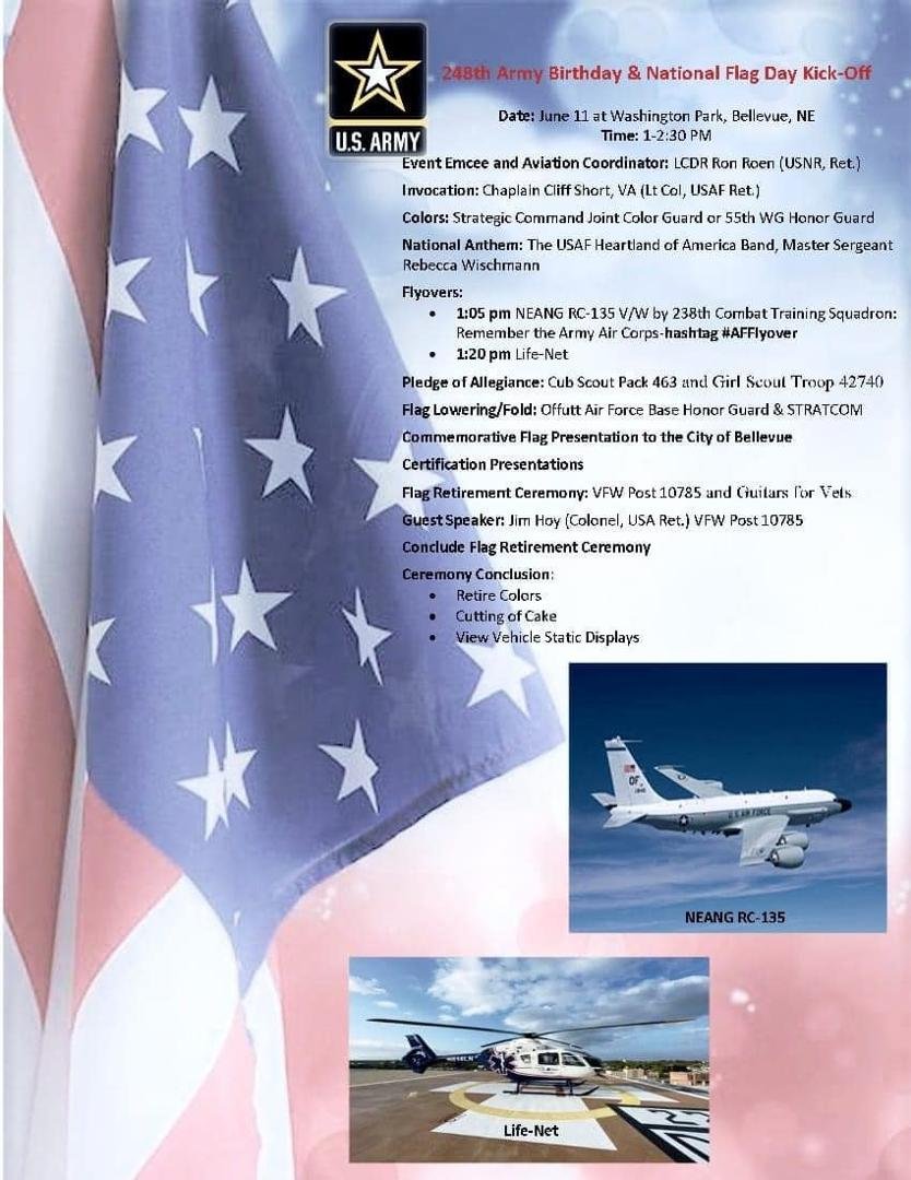 All are invited to attend the Army's 248th Birthday and National Flag Day kick off on June 11 at 1 pm in Washington Park Bellevue.