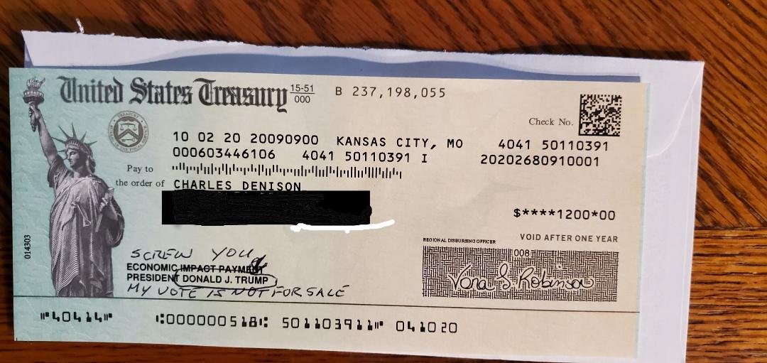 Finally received my, Covid-19, stimulus check on, the 31st of October. And yes, I cashed it and put it in my checking account. But before I cashed it had to add something to the check which, I am sure all you, TRUMPEE'S wi