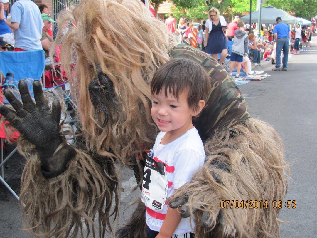 Dylan and Bigfoot at the 4th of July parade.