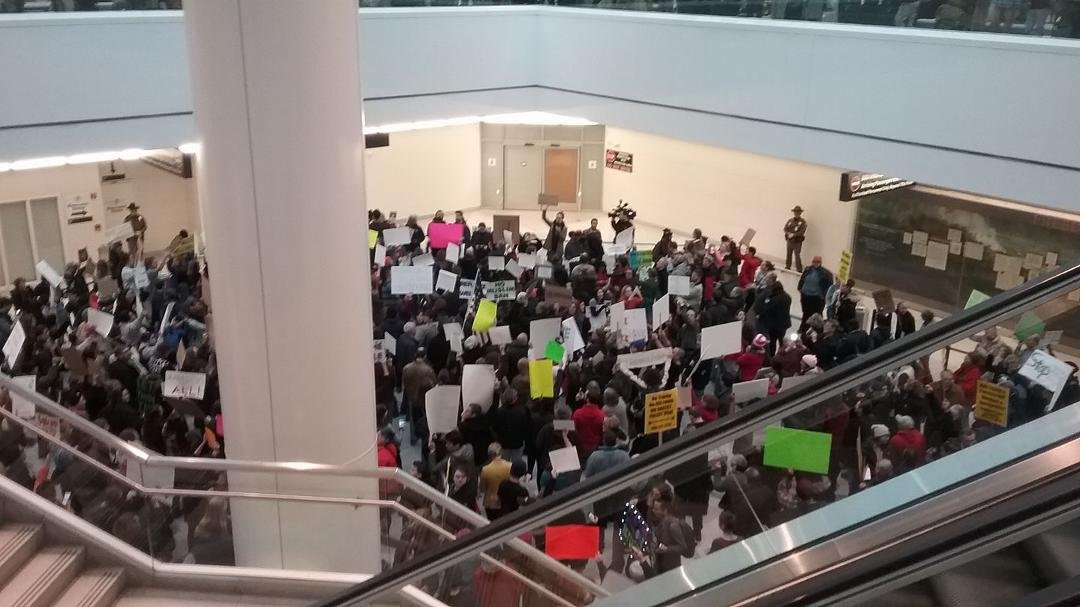 At BWI Thurgood Marshall Airport in Baltimore Maryland over 2,000 came out to protest Trump executive order Banning Muslims. A multinational vibrant Lively militant crowd chanted for 3 hours against Trump's racist islamopho