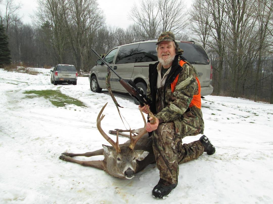 These are our Deer here in PA. Not like those Bambi's there in New York. Hee! Hee!Hee! My Friend Glen shot this one Monday Morning @ 11am. 9 point with a Massive Spread weighing around 240-250 lbs. "BIG"!