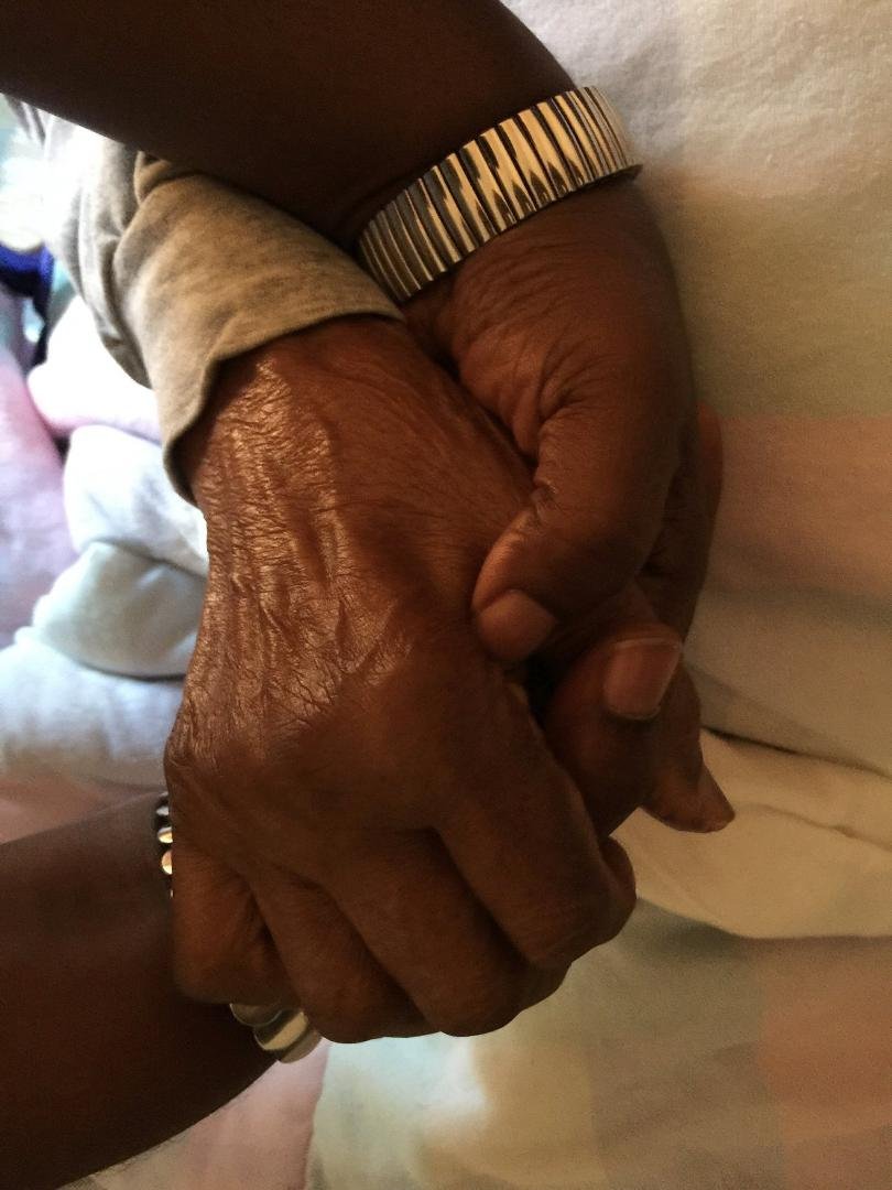 My sweet Great Aunt Hazel with her hand in mine, and her heart in mine forever and ever. Love her dearly.  This is from her great Niece Tina "TBoogie" Richardson!!!
