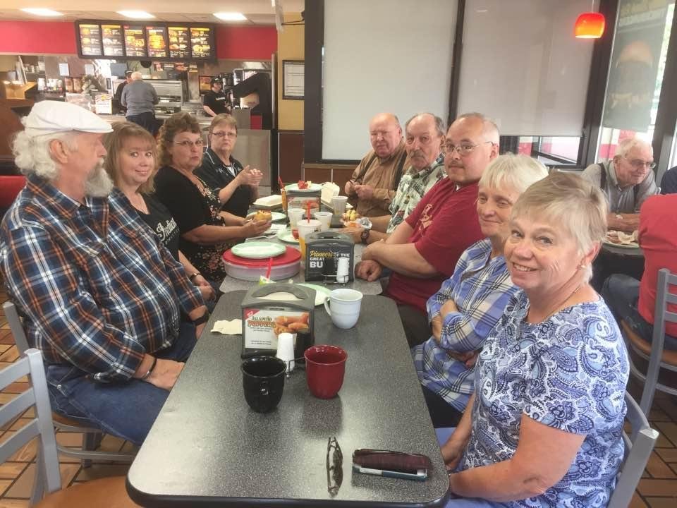 The whole group at breakfast. Thank you Hardee's. Oh, I almost forgot. Tammy brought strawberry pie. Sooo good.
