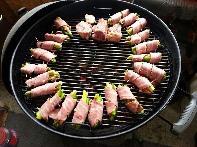 Appetizers turkey bacon wrapped asparagus and jalapenos with little Smokies