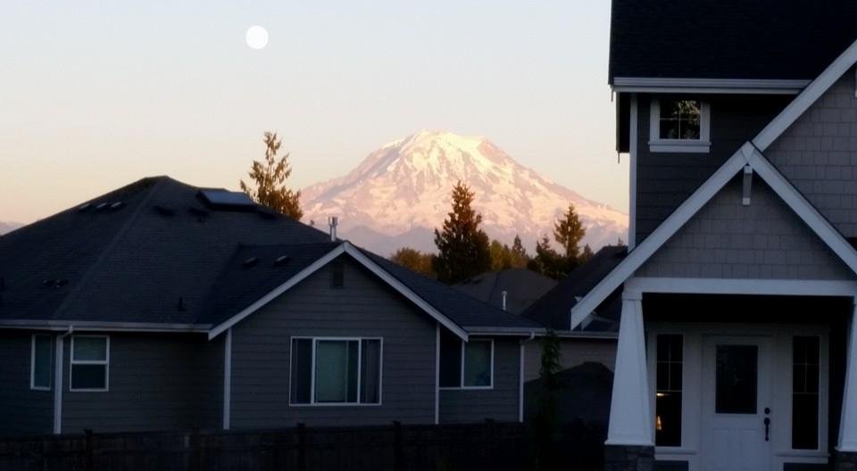 View from our front door. Check out the moon to the left.