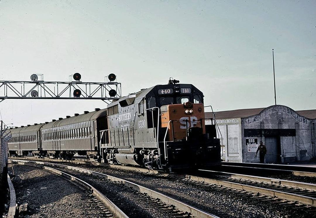 Summer of 1973(?)  SP GP35 #6590 leads commute train #140 into San Jose. It was  test as SP was shopping for new power with the upcoming retirement of the aging F-M Train Master units.
