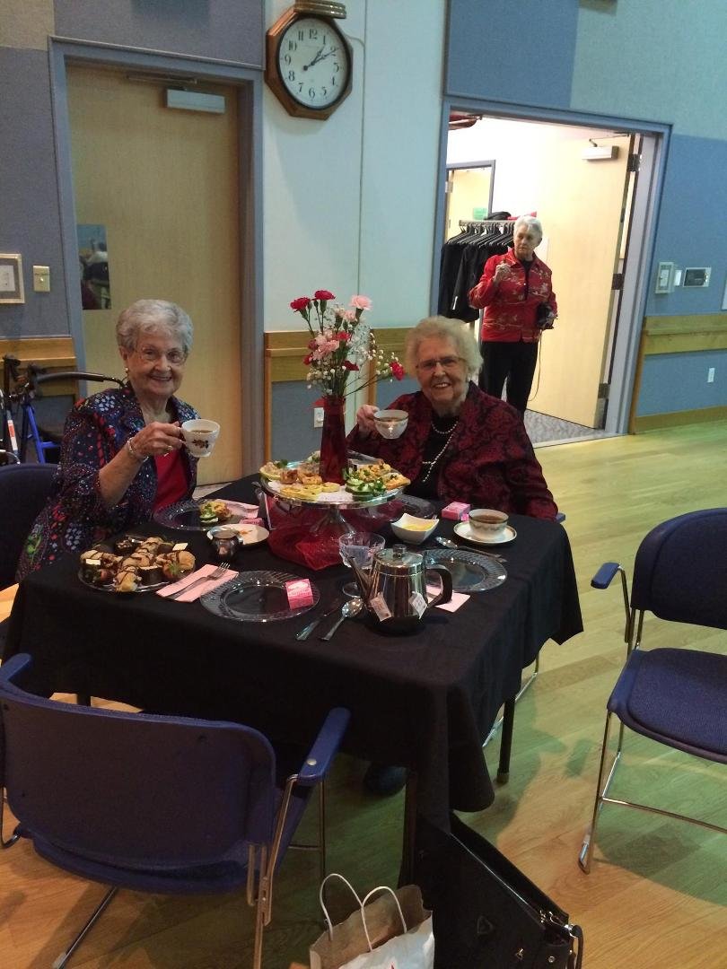 At the Tea with mom, Mrs. Boudreau, Mrs. Chronister, Mrs. Peggy Pyle, & Mrs. Merris.