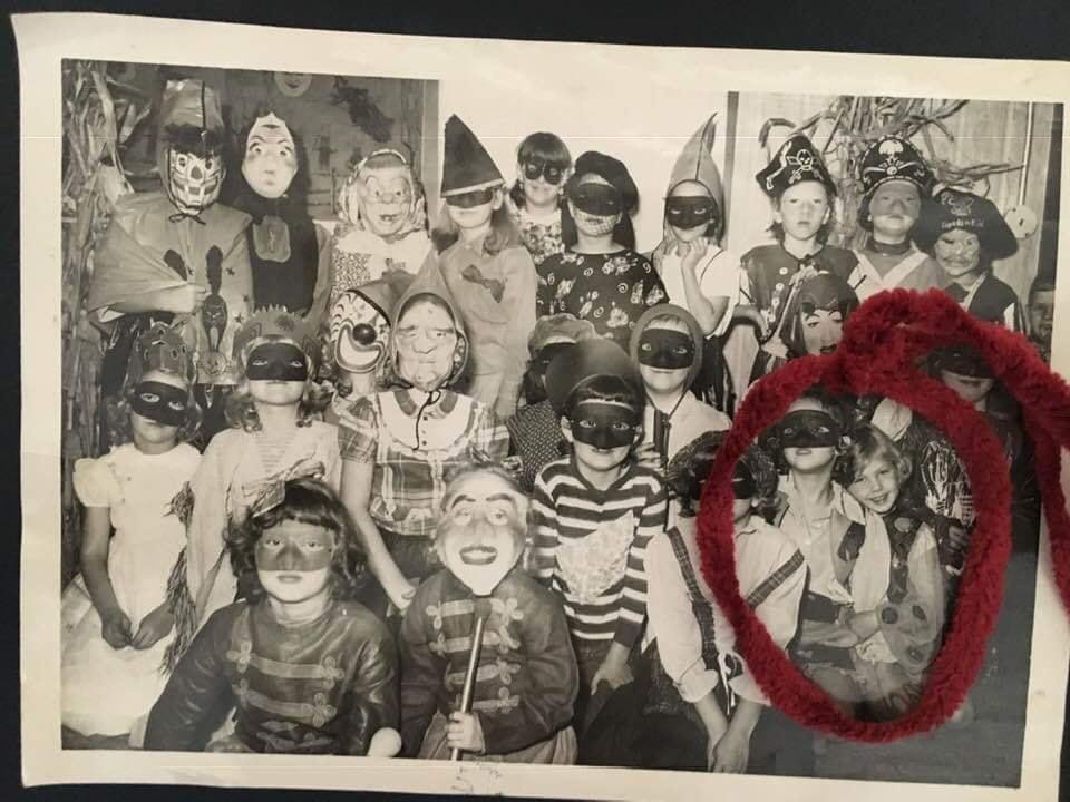 My Sister and I back in 1952 with a bunch of spooky friends! Happy Halloween!!!🤠🤡🧙♀️🧚♂️🧙♂️😼