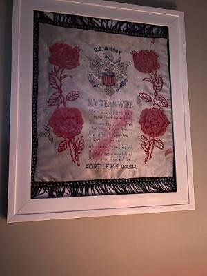 My father was in Army. He sent this to my mother around 1944. She kept it till about the late 90's. She gave it us. We fames it today. Didnt try to clean it. Wanted it just like she had it.