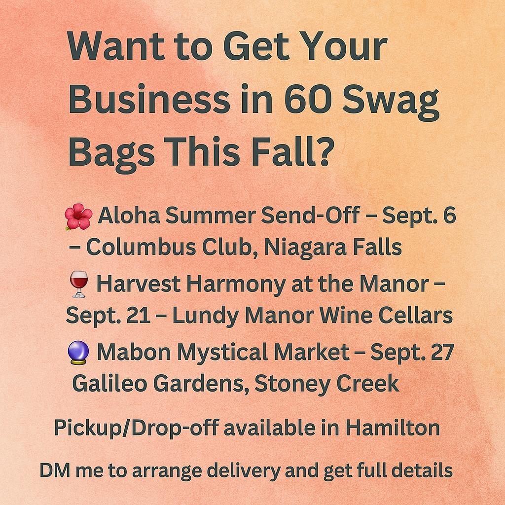 💼✨ Want to Get Your Business in 60 Swag Bags This Fall? 🌟
We’re preparing swag bags for THREE of our September vendor events, and we’d love to feature your business in them! This is a great opportunity to introduce your