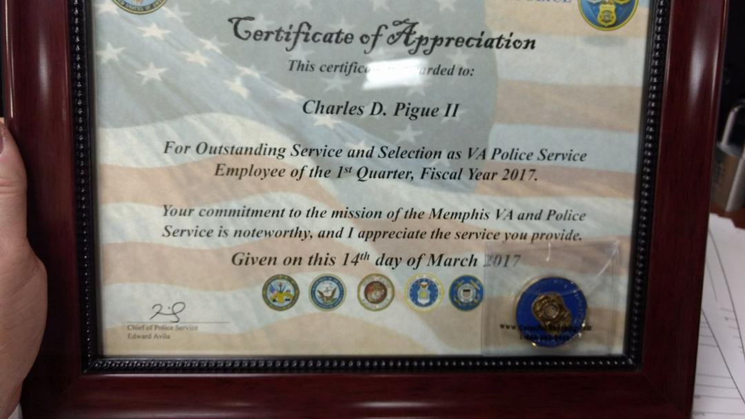 I received Employee of the Quarter for the VA Police and was presented the certificate, Chief of Police Coin and 8 hours paid day off. Hard work does pay. Thanks to my supervisor, co workers and staff for recognizing me.
