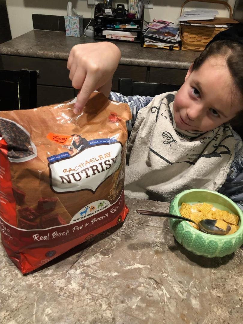 Look, Grandma bought dog food. Haden found it amusing. Grandma, “How could you do that”?