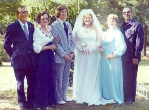 43 years ago today (it was Father’s Day in 1976) Scott and I were married in the back yard of my parents’ house on McMahan Drive at 4:00 on that HOT afternoon! On that day, we also each gained the love of each other’s paren