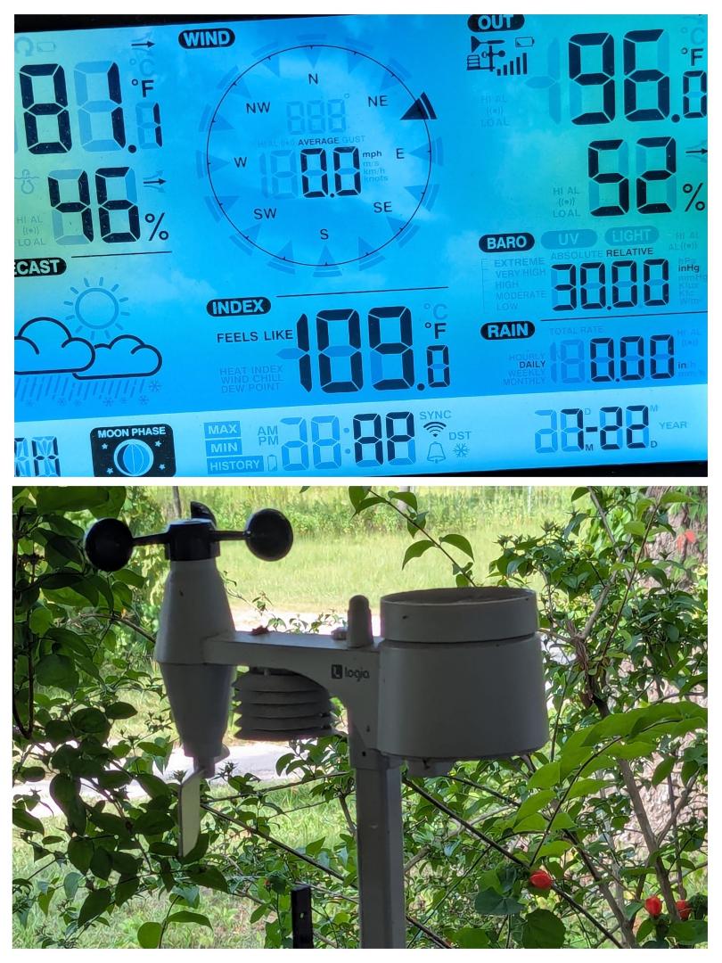 Coming up on 5:30 in the afternoon. Crazy heat index and temperature. And our weather station is in the shade on our front porch rail. I shudder to think if it were out on a post in the sunshine what it would read.