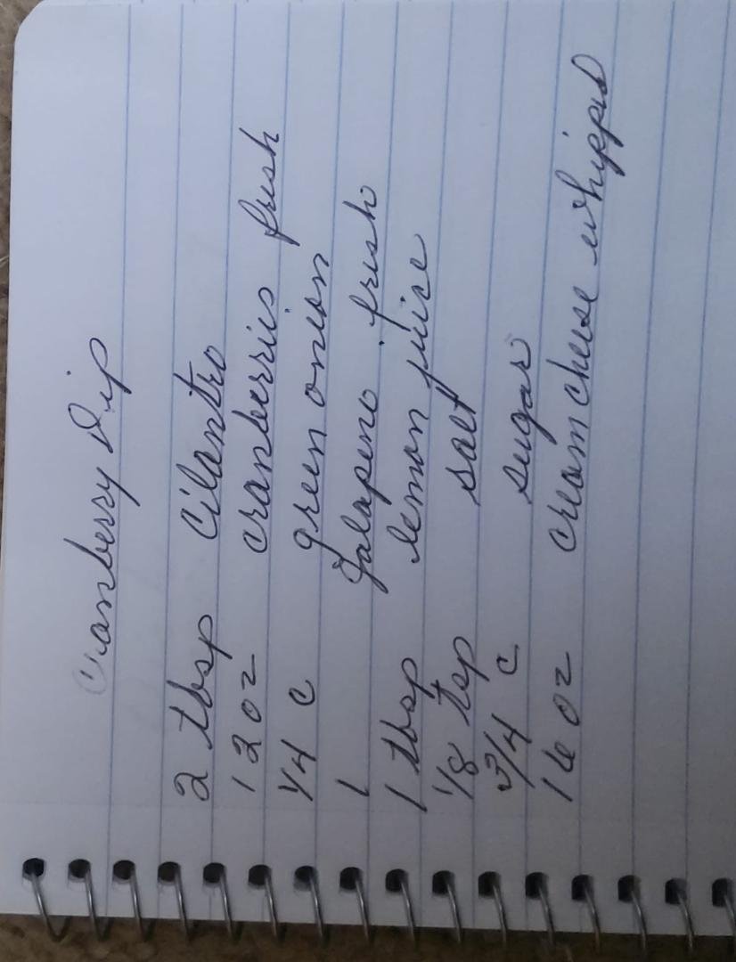 Becky Rathbun here us the recipe I use. In a food processor chop the f I rst seven ingredients. Refrigerate over night. Whip the cream cheese and spread in a pie plate. Then drain the juice off of cranberries and sprea