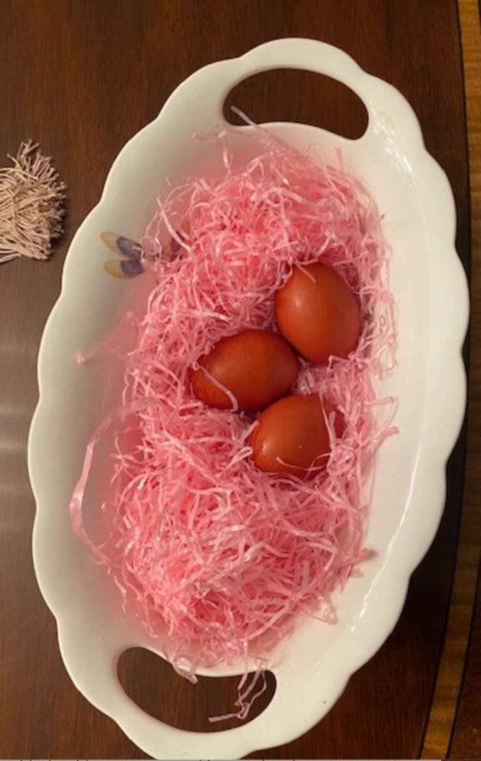 Every year I make Stella's Easter Eggs. Onion skins in a pot of water with the eggs. Boil until dark and beautiful.
Happy Easter Everyone