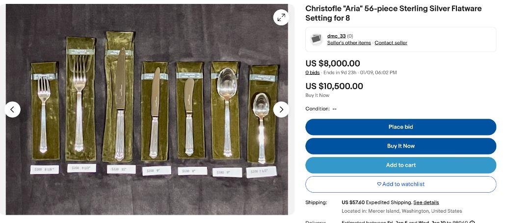 Want to set a beautiful table.  Selling my Christofle Sterling Silver on E Bay.  More than 50% off retail.   I am using the money to do renovations.