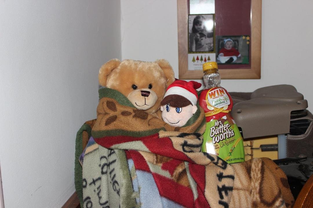 He's here already. I found him in the dinning room hiding with the Bear.......... BIG BABY