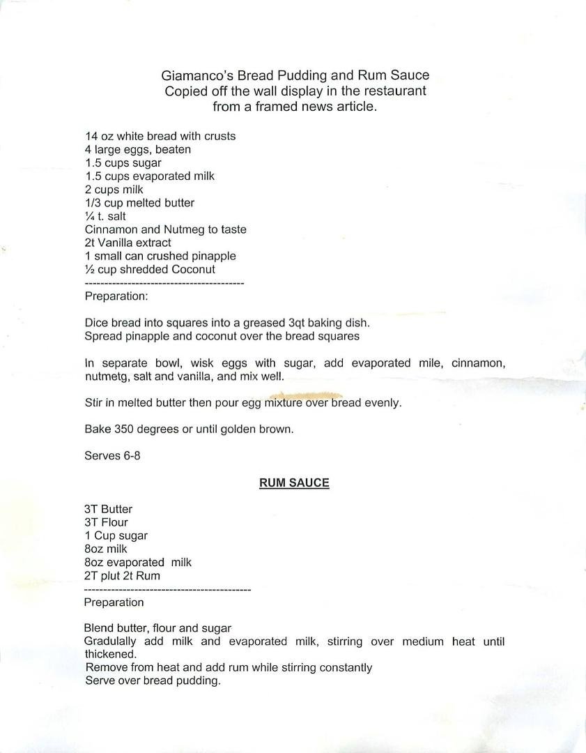 OK folks... Time for some comfort food: Giamanco's Bread Pudding and Rum Sauce:
