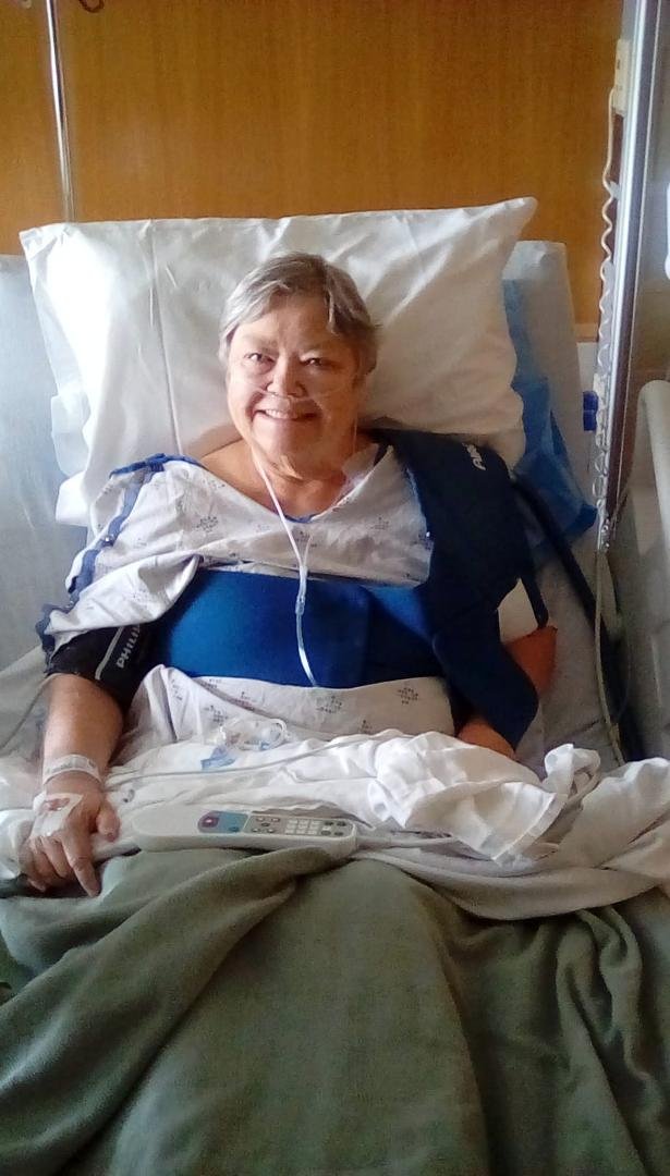 Peg after her surgery today. She had a shoulder replacement. She is doing fine.