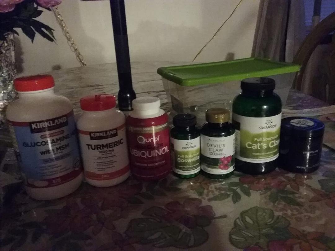 This is just my anti-inflammatories, not my other vitamins and herbs for just good health. We probably will pick up some Reservatrol to help out. Like drinking a glass of wine.