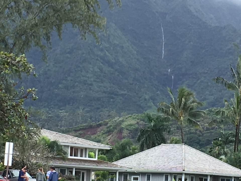 Waterfall in the mountains after a rain in Hanalei. Sometimes can see 3-4 at a time
